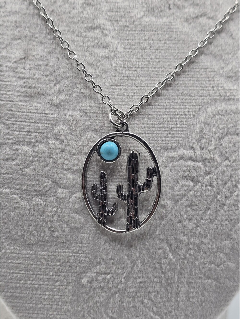 Silver Tone Cactus Pendant Necklace Faux Turquoise Desert Western Boho Southwest